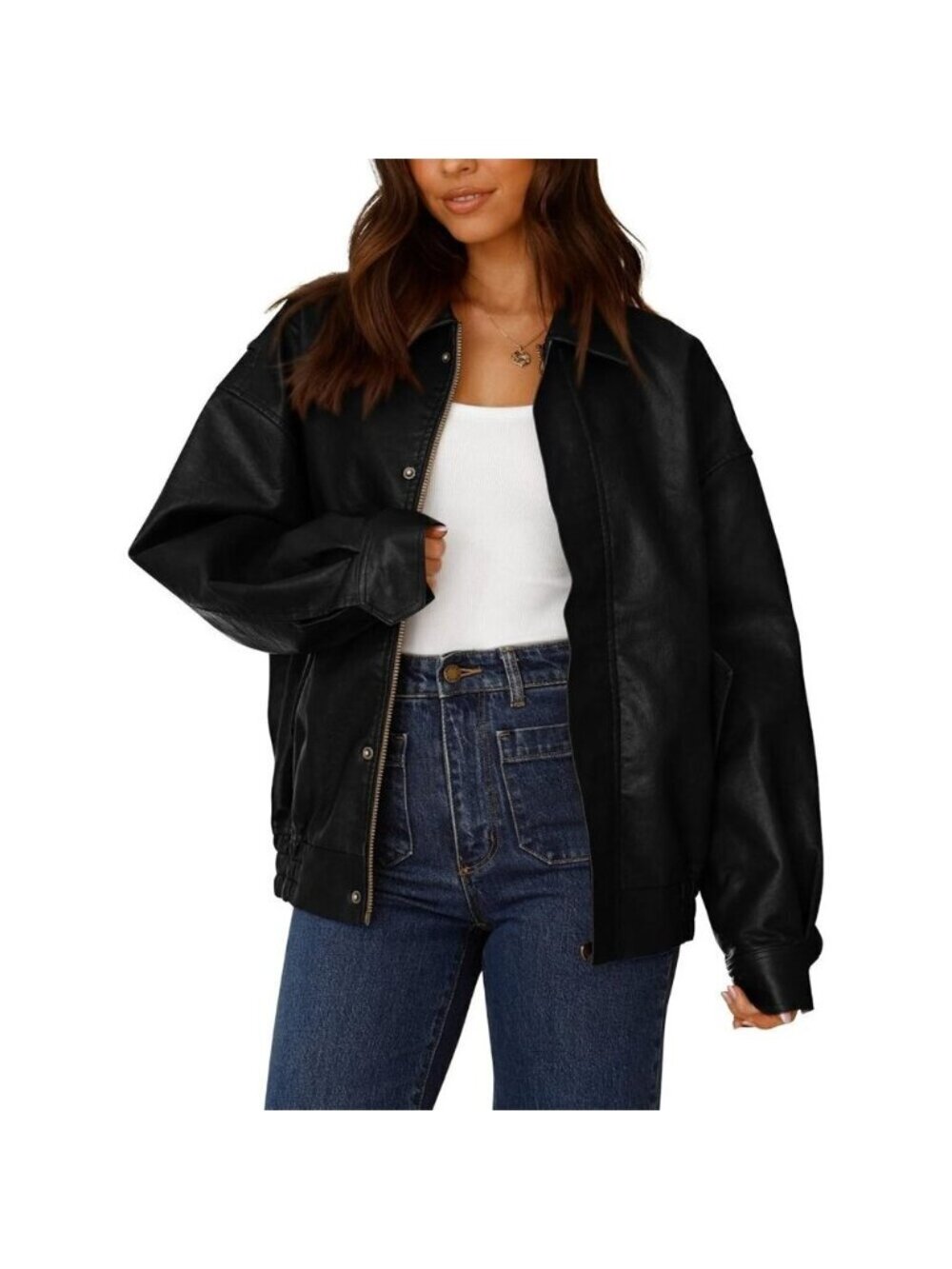 Women Black Faux Leather Motorcycle Jacket Trendy Fall Spring Clothes Outerwear